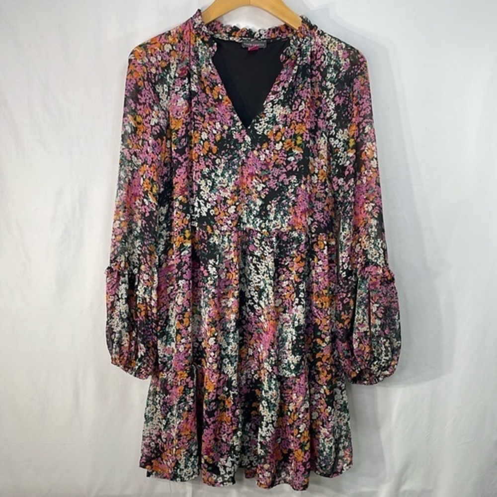 Vince Camuto, dark floral tiered poly dress long sleeve C3422900